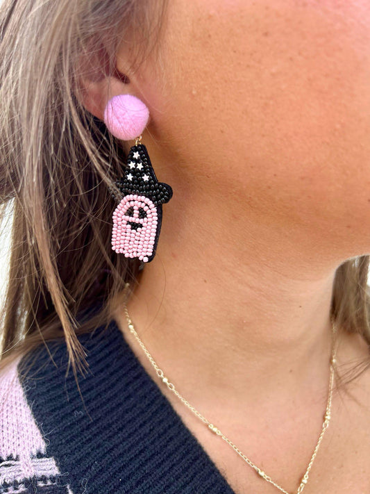 Pink Pom post black and pink ghost earrings