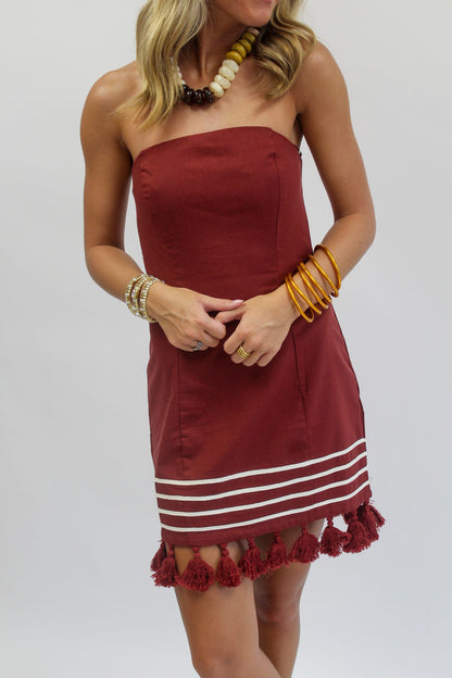 Tailgating & Tassels Strapless Mini Dress