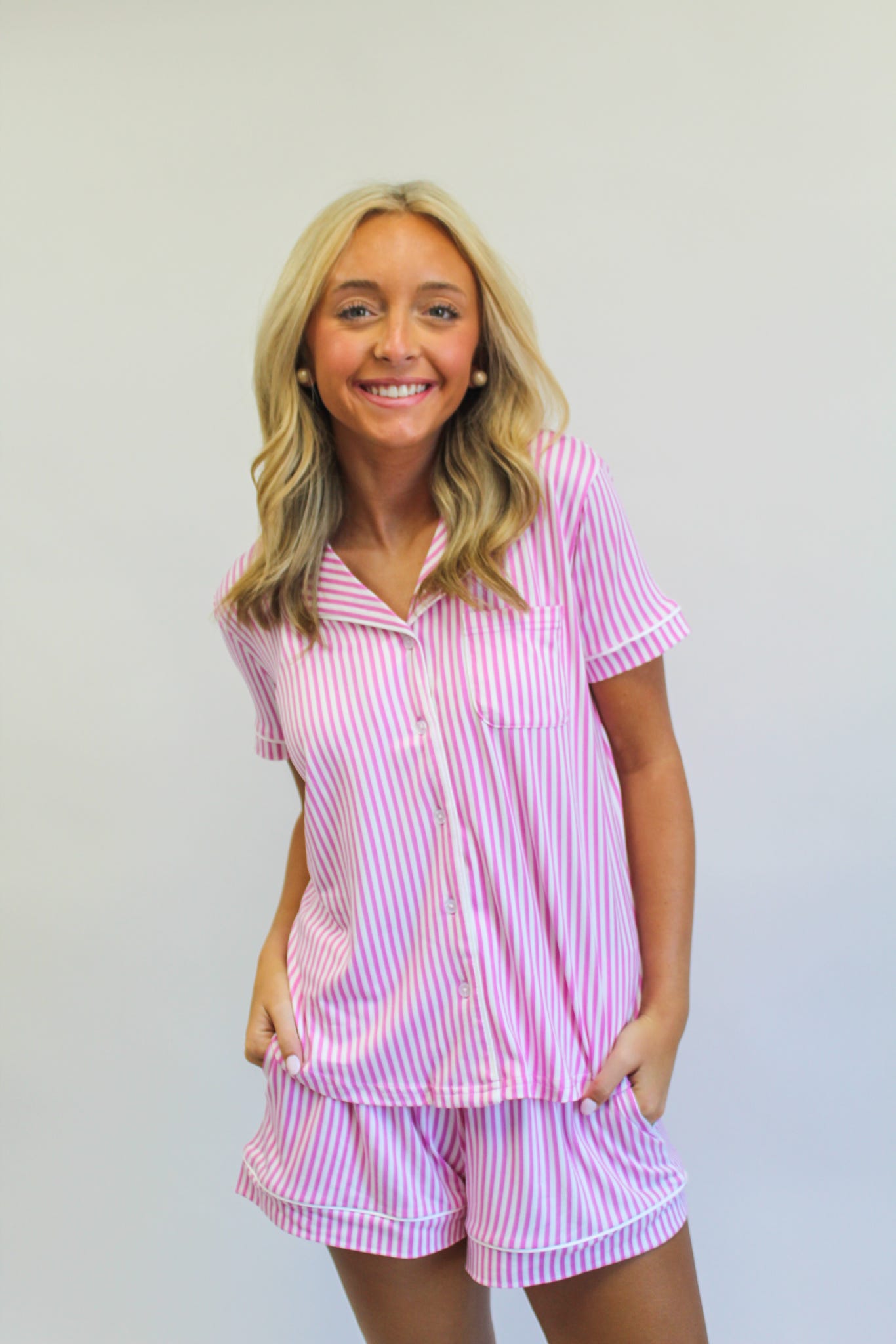 Pinstripe Short Sleeve Button Up Sleep Shirt Pink/White