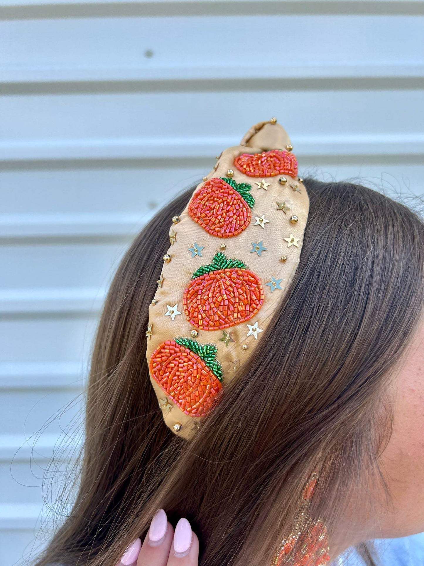 Golden Orange Headband with Orange Pumpkins and Gold stars