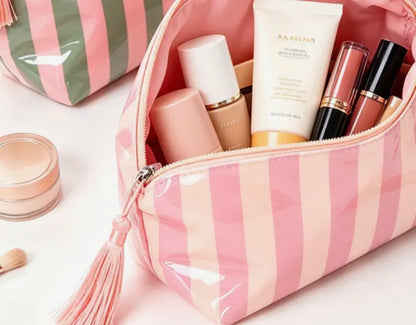 Color-Blocked Striped Waterproof Cosmetic/Makeup Bag w/ Tassel