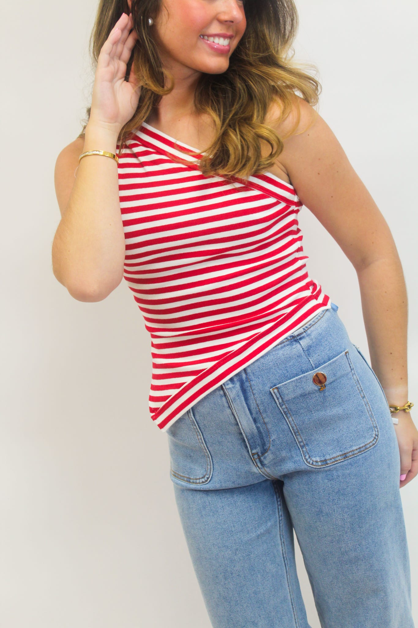 Statement Stripe One-Shoulder Top - Red