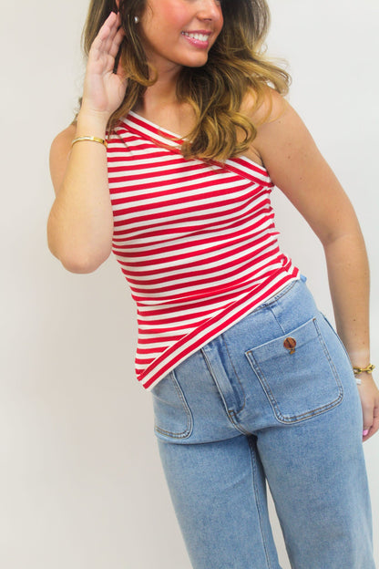 Statement Stripe One-Shoulder Top - Red