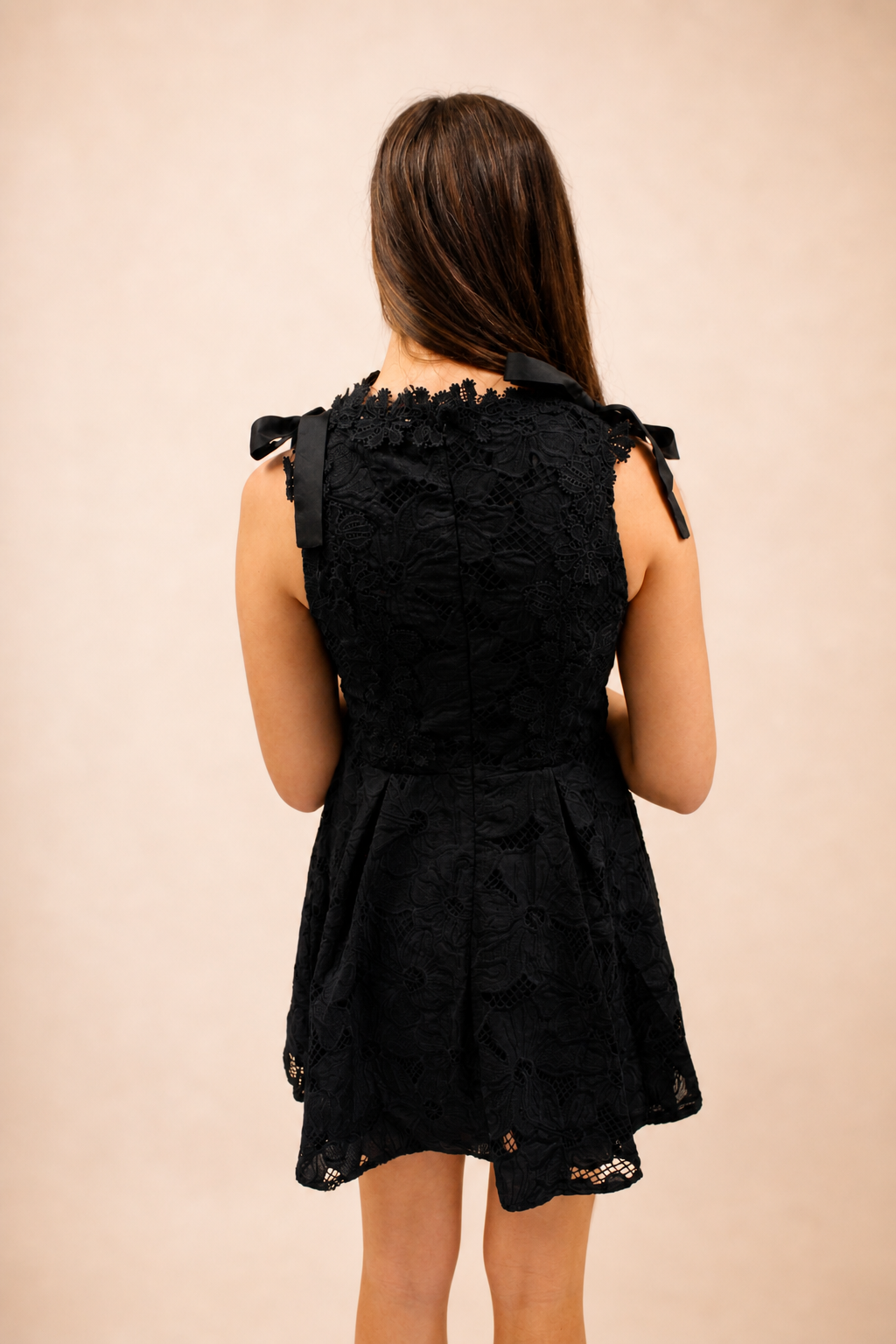 Boat Neckline with Tie Shoulders and Lace Dress - Black