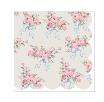 Bow Rose Bouquet Scallop Edge Cocktail Napkins