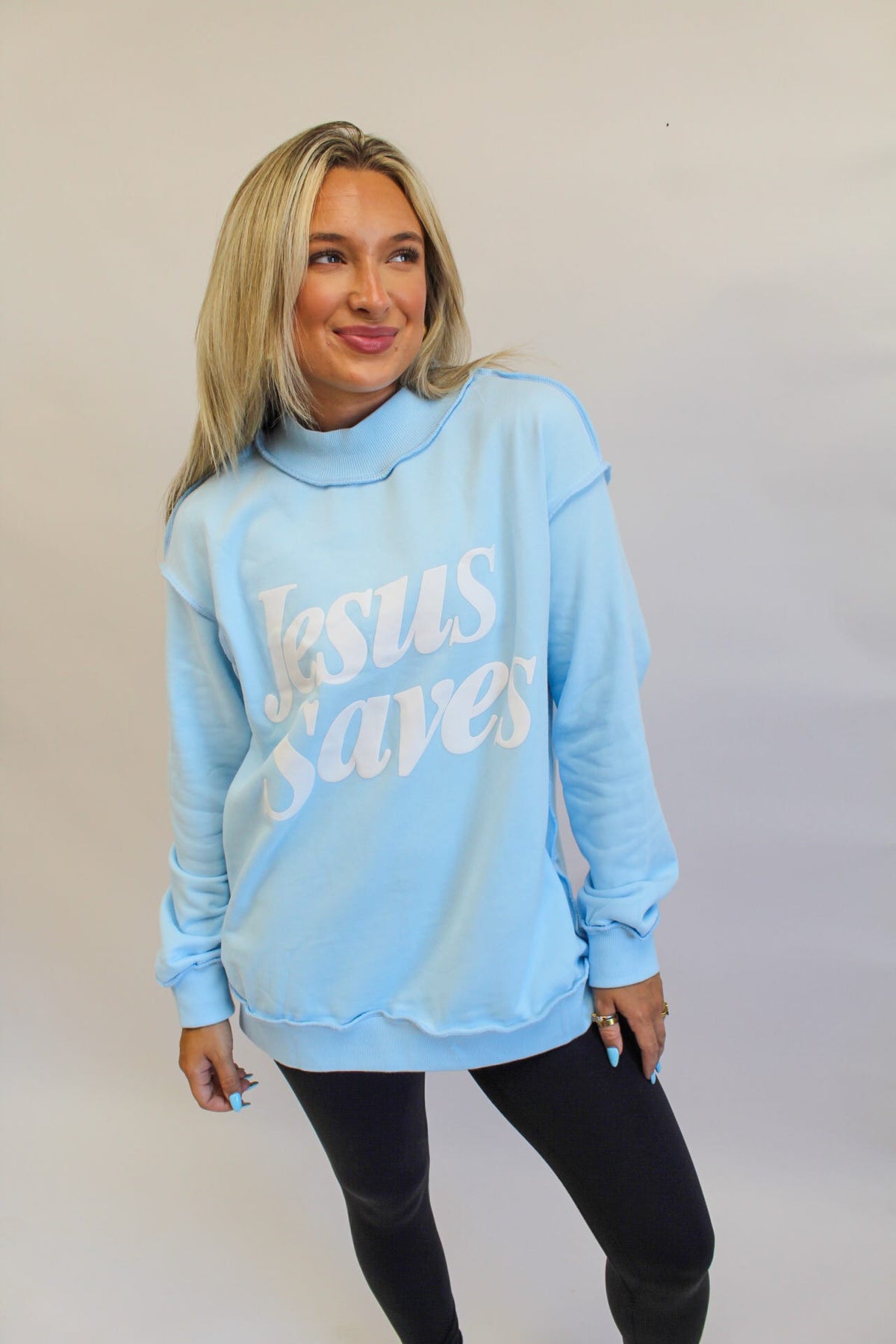 Mist Blue Jesus Saves Mockneck Sweatshirt