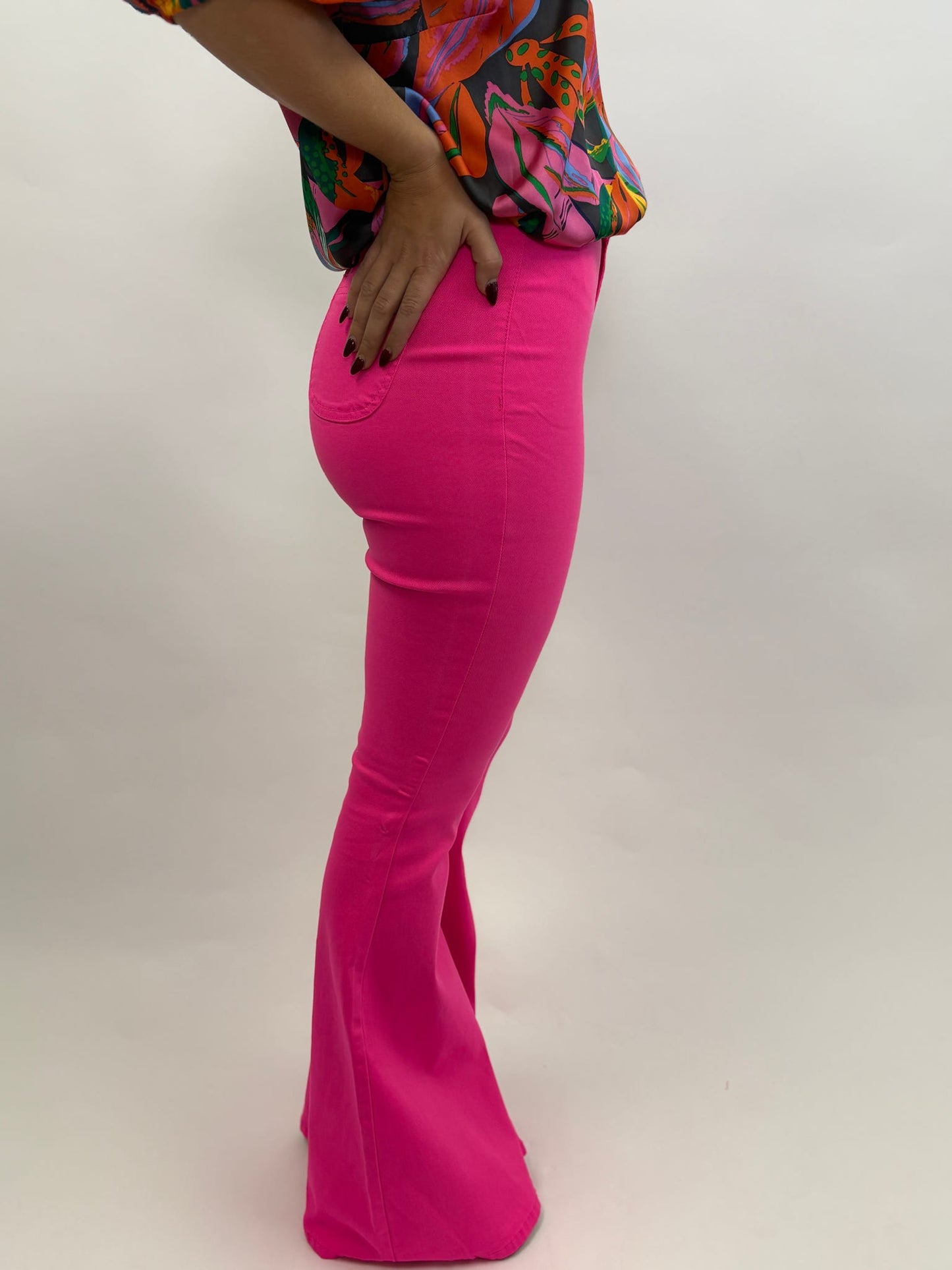 High Waisted Neon Pink Stretch Bell Bottoms