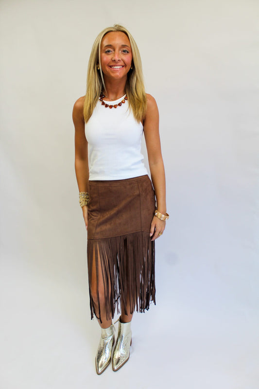 Frivolous Fringed Faux Suede Skirt
