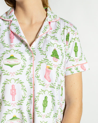 Nutcracker Trellis Short Sleeve Button Up Sleep Shirt