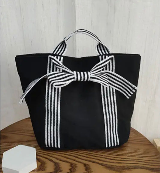 Striped Canvas Bow Handle Tote Bag