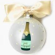 JUST ENGAGED CHAMPAGNE ROUND GLASS ORNAMENT