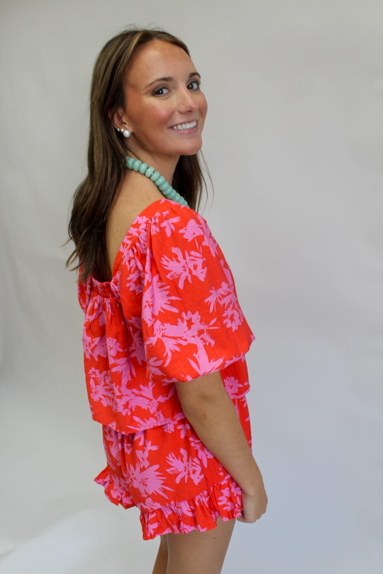Two Tone Floral Print Puff Sleeve Top with High Waisted Smocked Ruffle