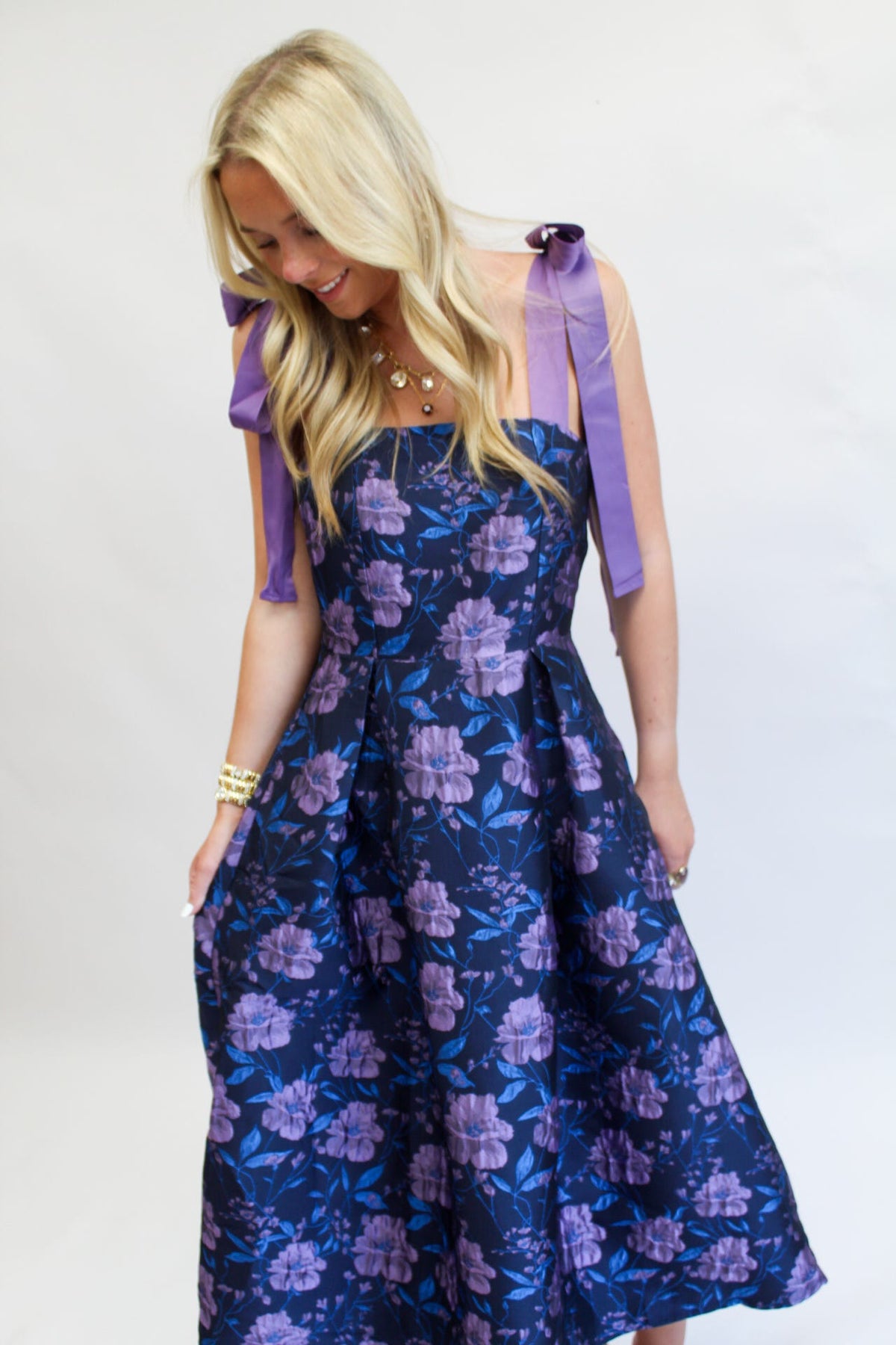 Nicole Jacquard Floral Dina Pleated Midi Dress