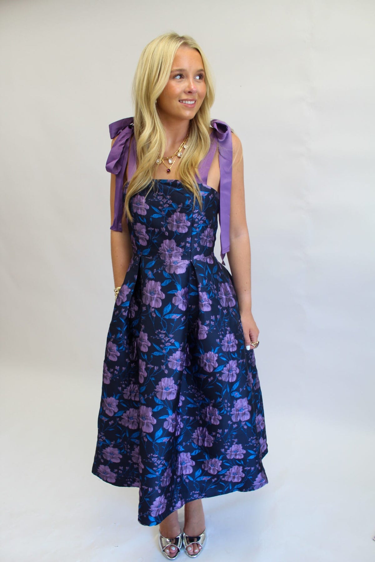 Nicole Jacquard Floral Dina Pleated Midi Dress