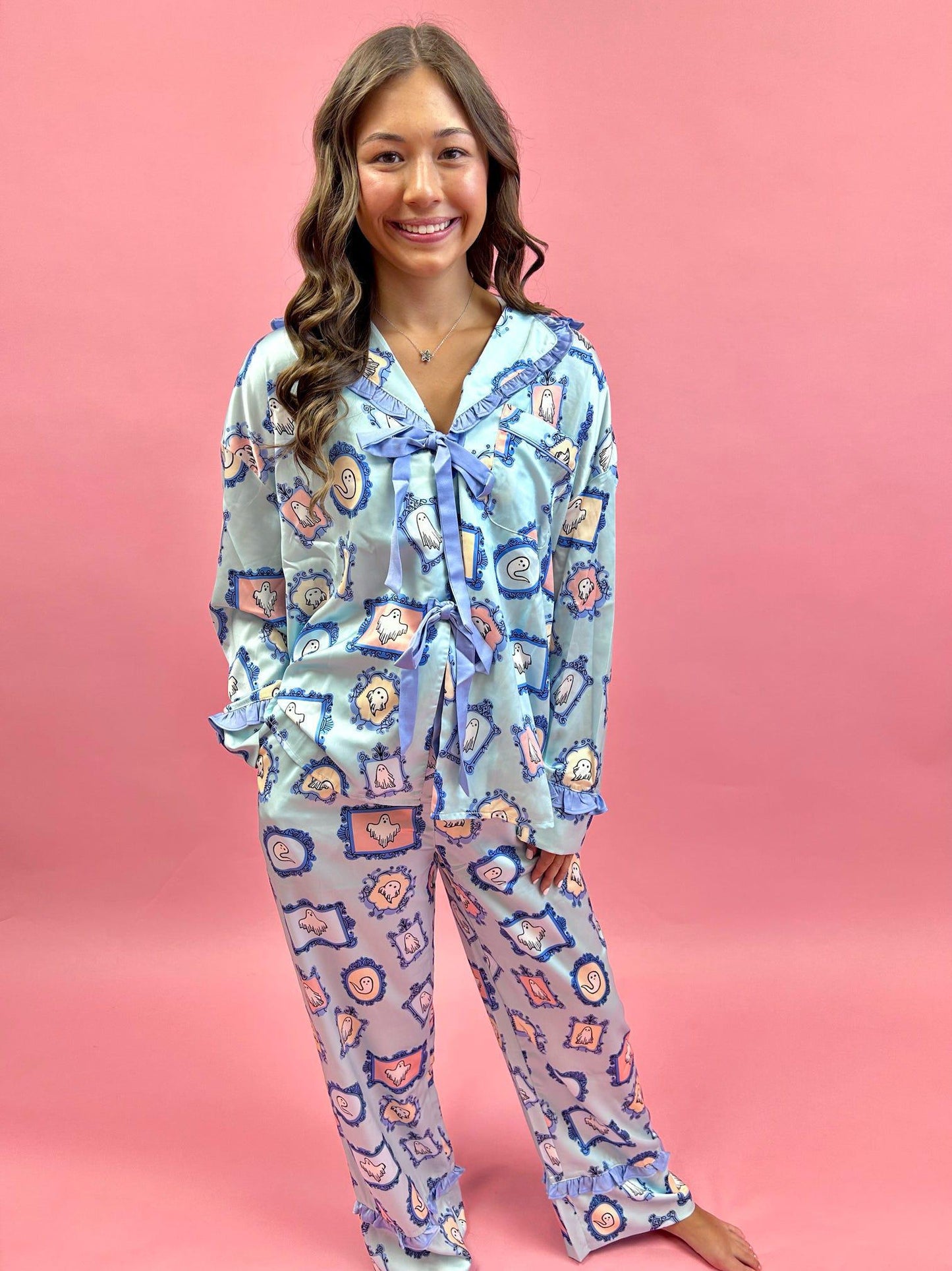 Satin Prints Tie Front Ruffle Detailed Pajama Set: DUSTY BLUE