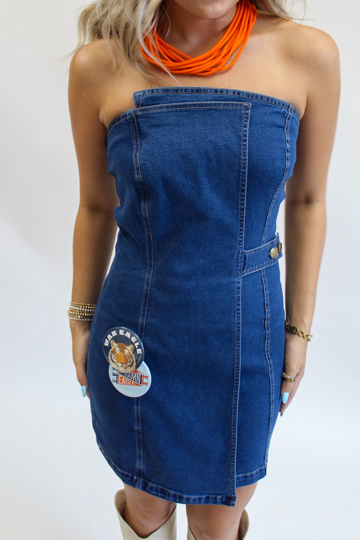 Gameday Darling Denim Strapless Mini Dress