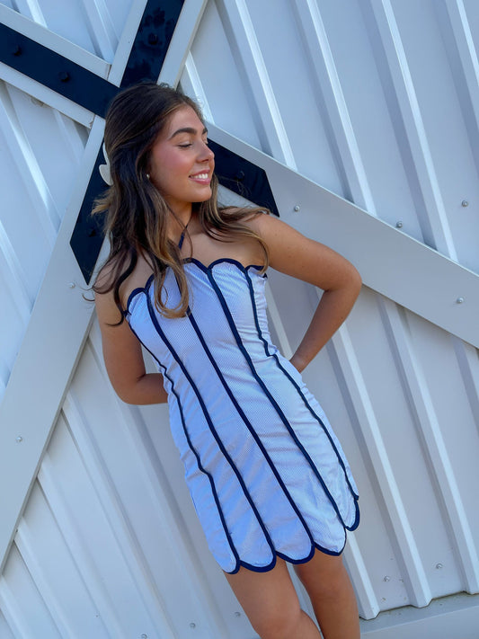 Navy Regatta Scallop Halter Dress
