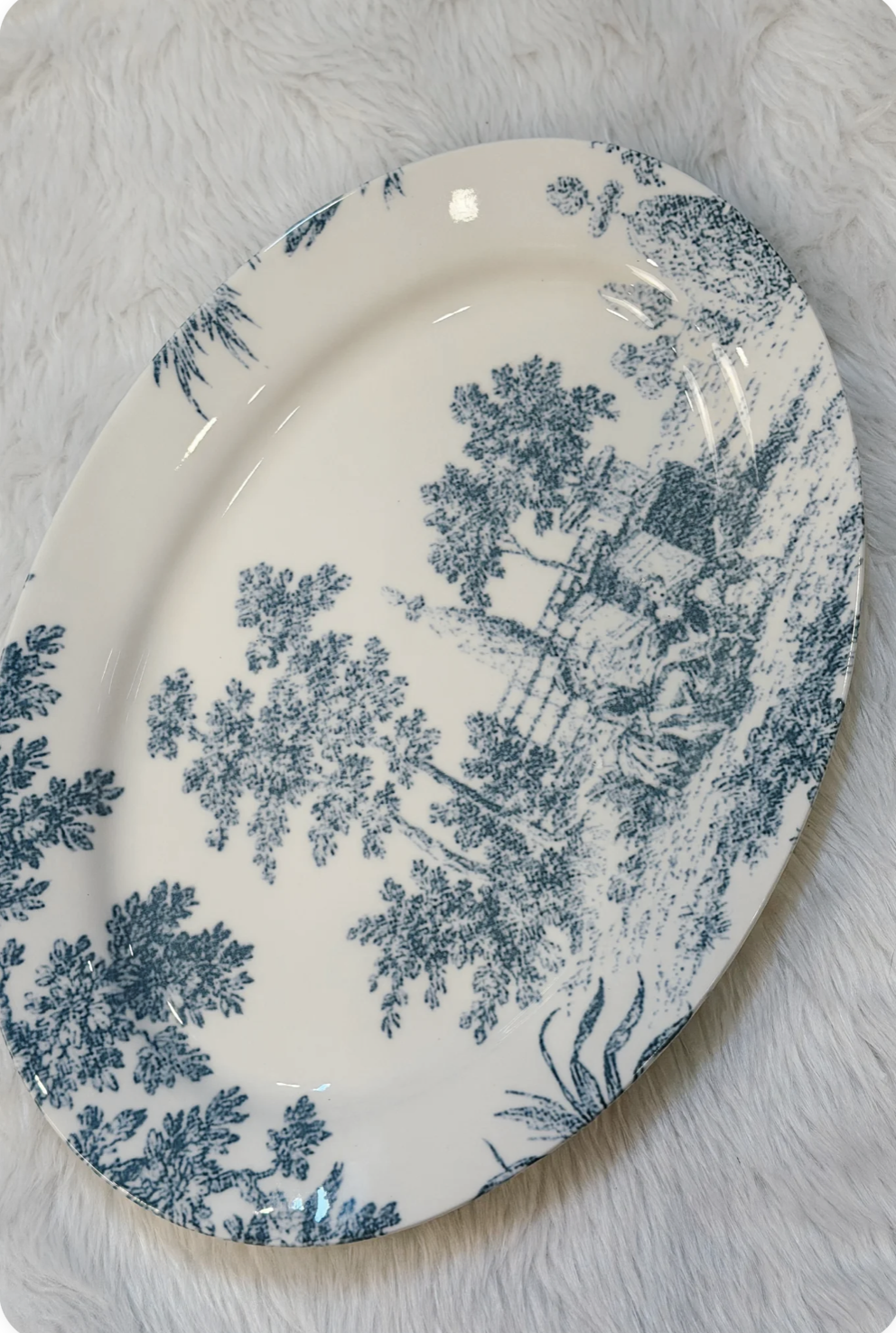 Oval Stoneware Toile Platter, White & Blue