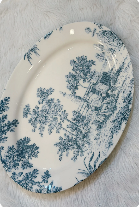Oval Stoneware Toile Platter, White & Blue