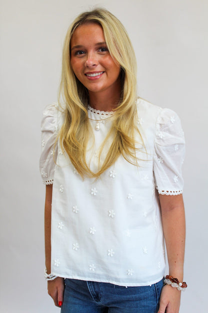 Champagne Behavior Short Puff Sleeve Blouse - White