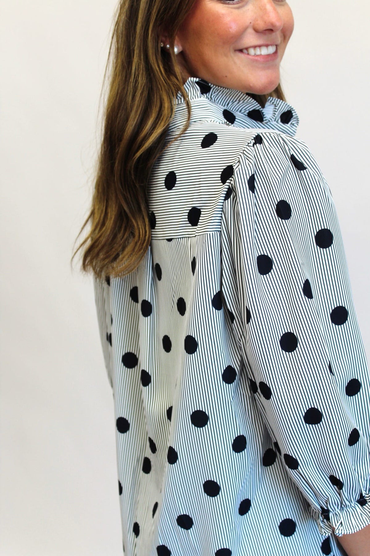 Black Dottie Ruffle Button Up Top