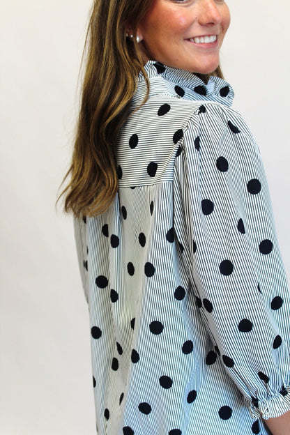 Black Dottie Ruffle Button Up Top