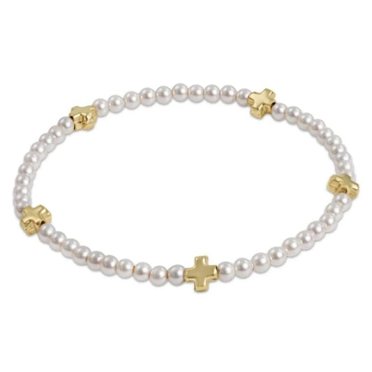 Egril Signature Cross Small 3mm Pearl Bracelet- Gold