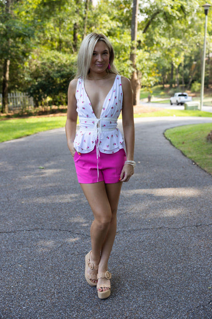 Pink Floral Plunging V-Neck Front Ties