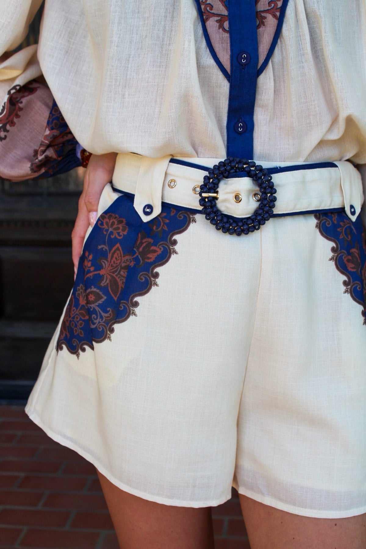 Vintage Paisley Pleated Shorts with Belt
