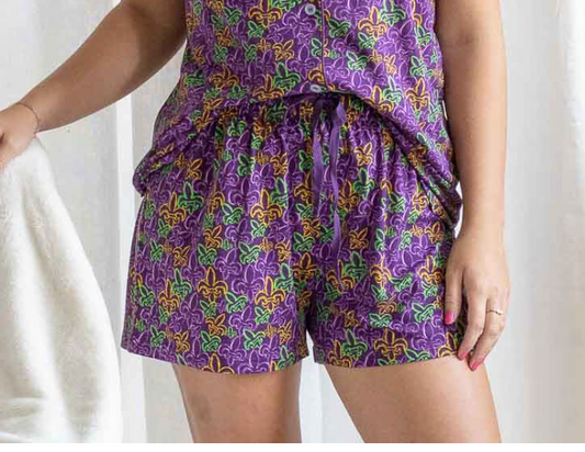St. Charles Fleur de Lis Sleep Shorts Purple/Yellow/Green