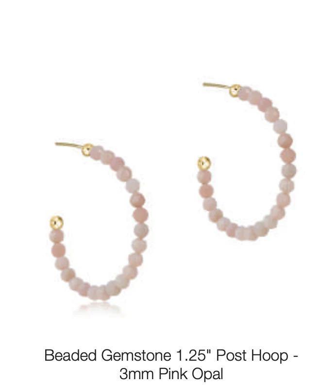 Beaded Gemstone 1.25" Post Hoop - 3mm Pink Opal