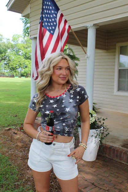 Foil Star Print French Terry Knit Top with Back Cut Out and Plaid Tied Top