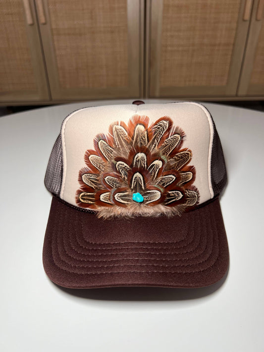FEATHER Trucker Hat Two Tone Turquoise Stone Tan & Brown