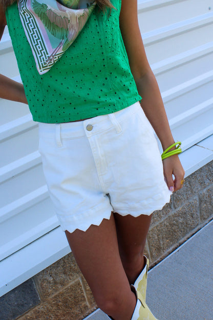 Daze Ahead White Denim Scalloped Shorts
