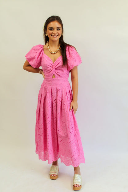 Belle of Spring Pink Eyelet Midi Dress