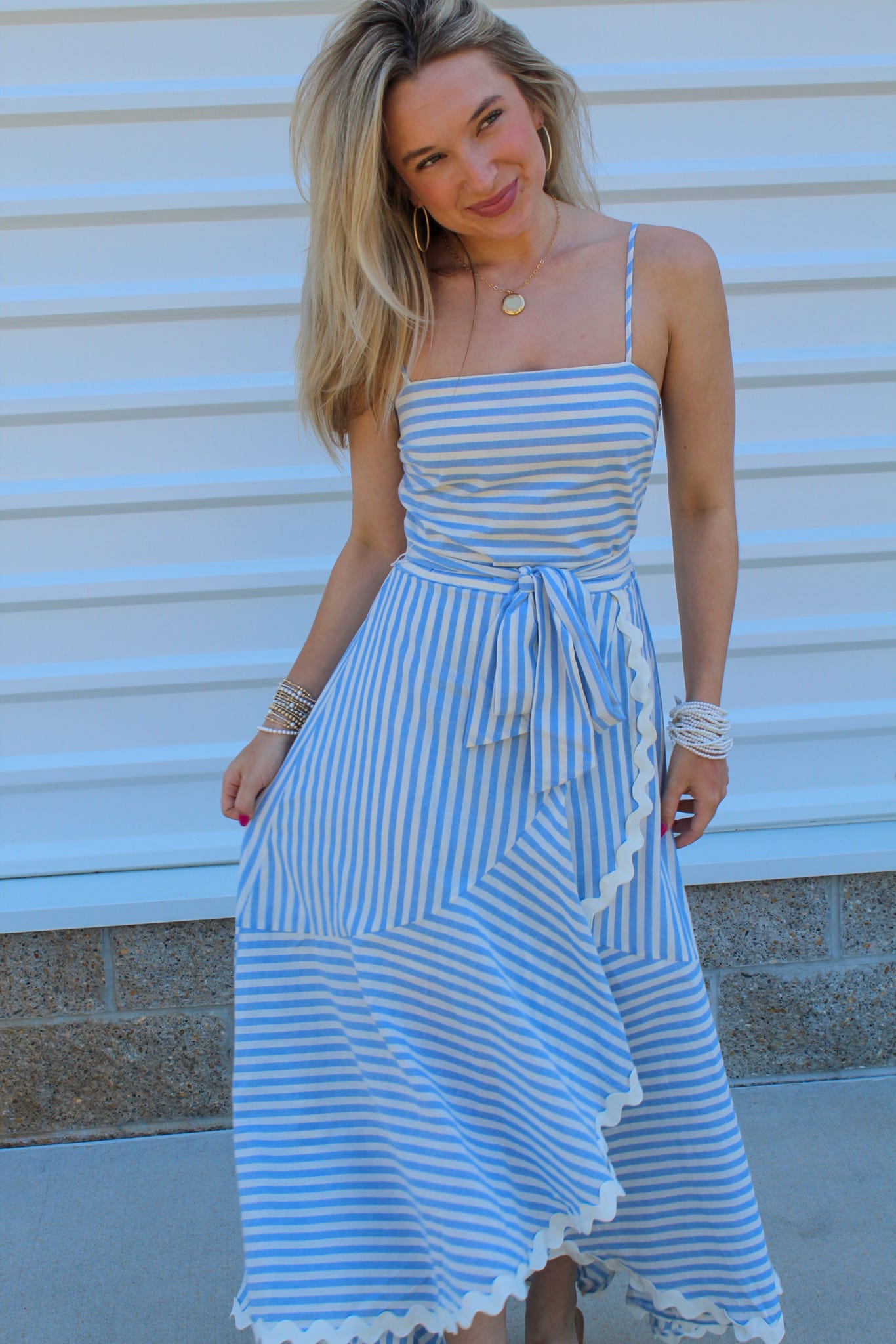 Scarlett Striped Woven Midi Dress - Blue and White