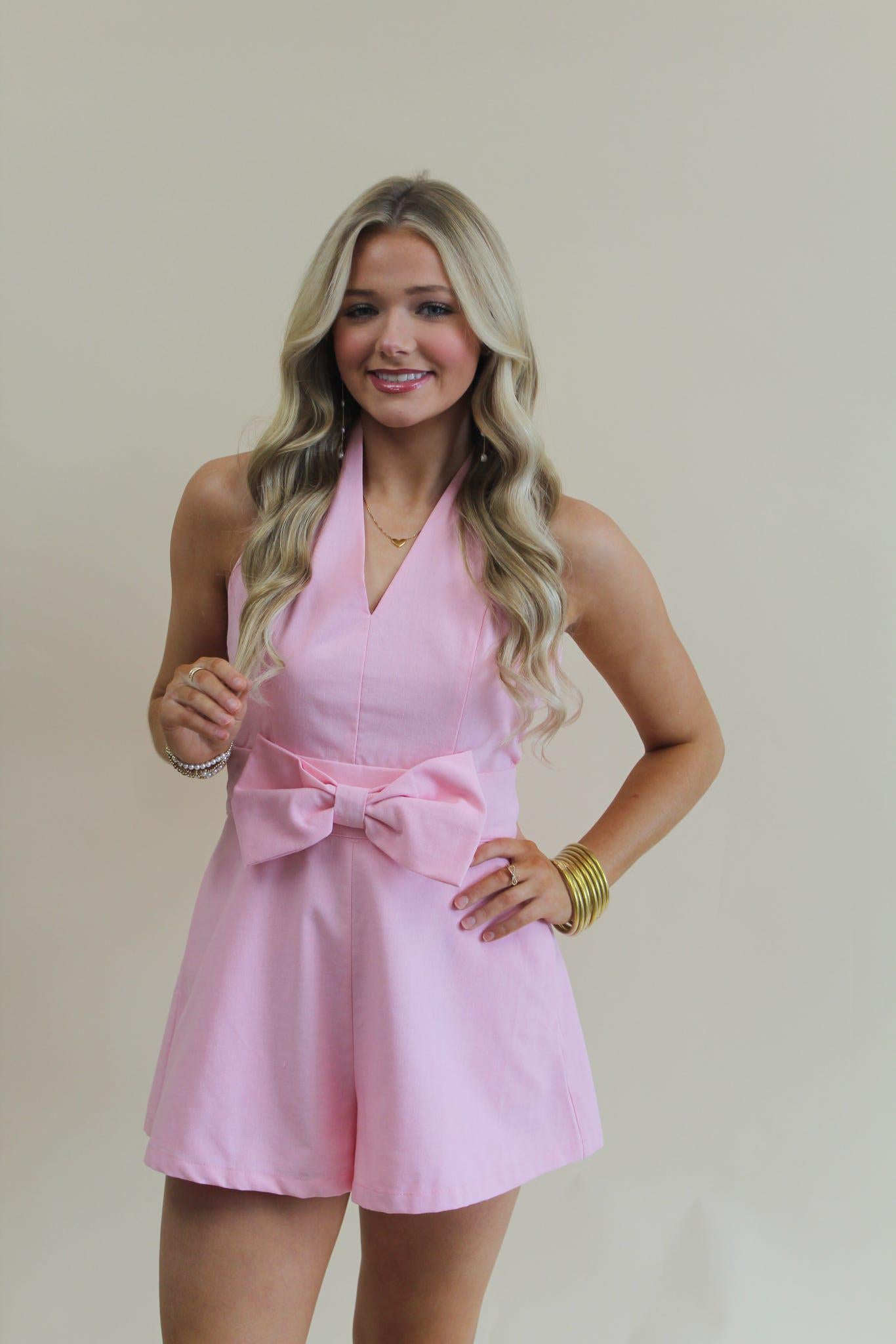 Vivian Pink Bow Romper