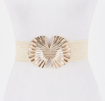 Faux Straw Metal Flower Stretch Belt