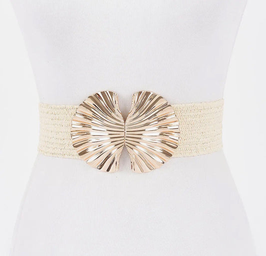 Faux Straw Metal Flower Stretch Belt