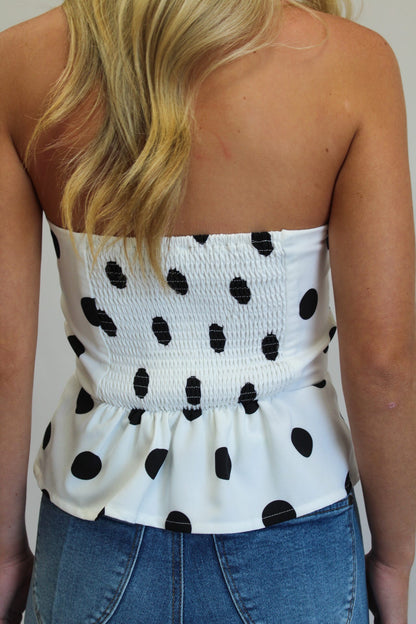 Randal Polka Dot Peplum Strapless Top