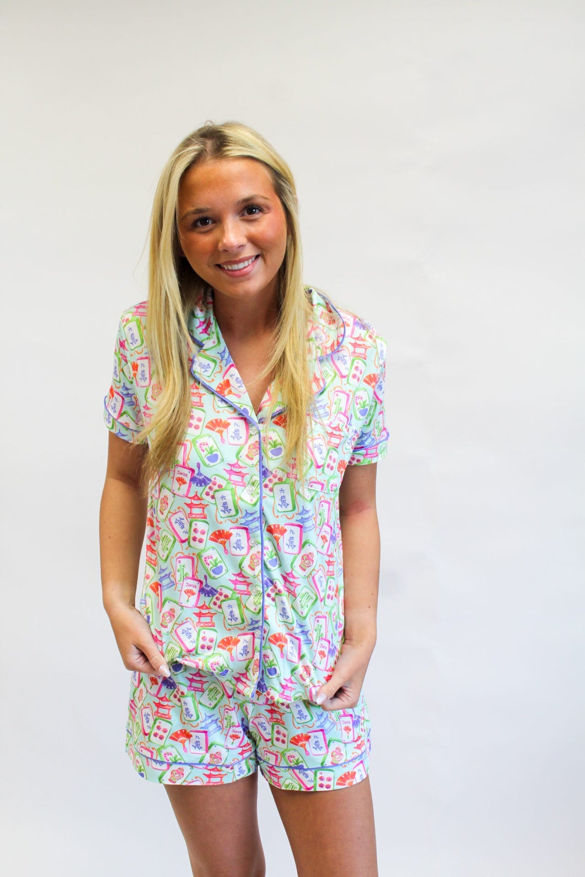 Mahjong Dreams Short Sleeve Button Up Sleep Shirt