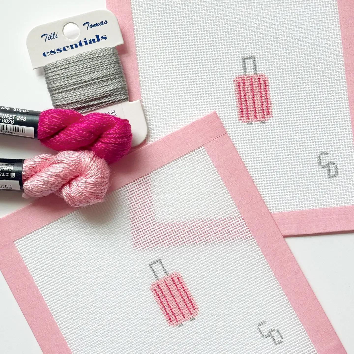 Mini Pink Striped Suitcase Travel Needlepoint Canvas, Mini Bag Tag Needlepoint, 18 Mesh, 2x2.25 Design