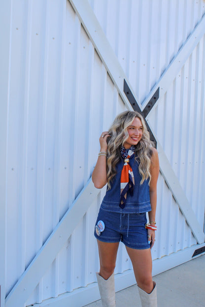 All Day Game Day Denim Sleeveless Top & Drawstring Shorts