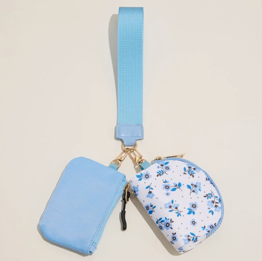 Blue Floral Nylon Pouch Wristlet