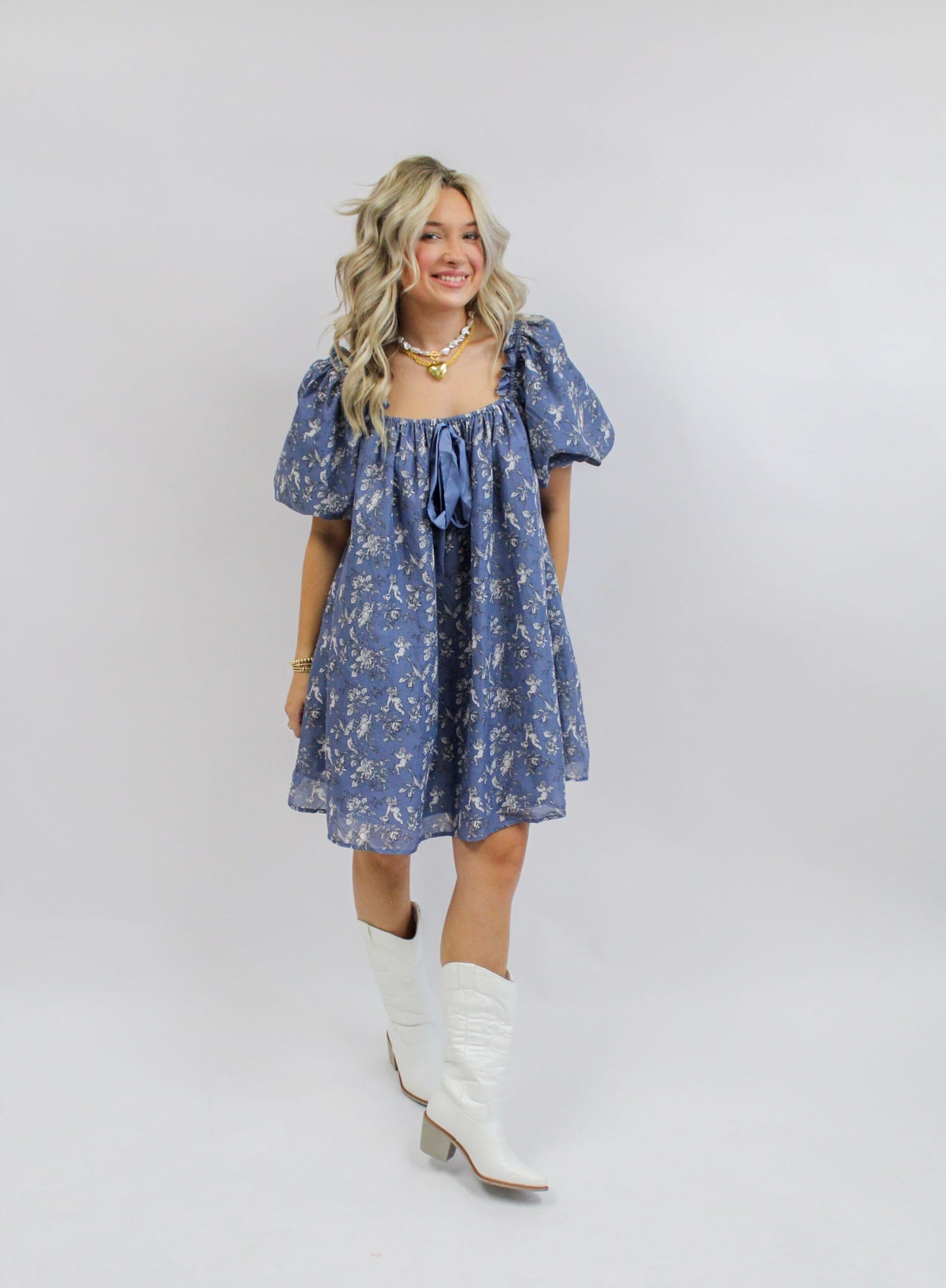 Flora Blue Toile Print Mini Dress