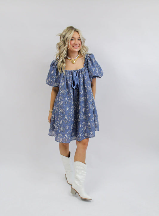 Flora Blue Toile Print Mini Dress