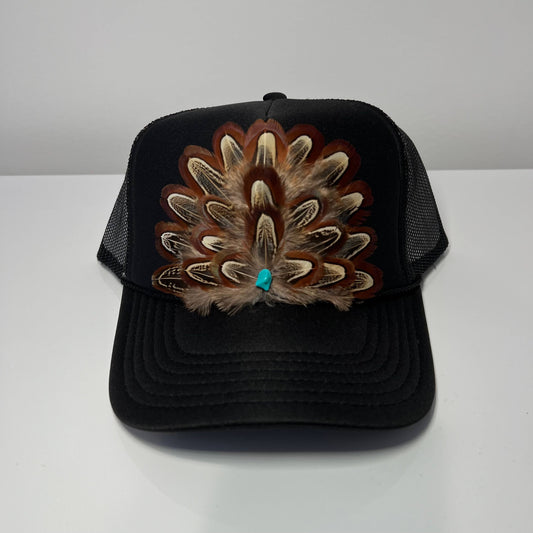 FEATHER Trucker Hat Turquoise Stone Embellished Black