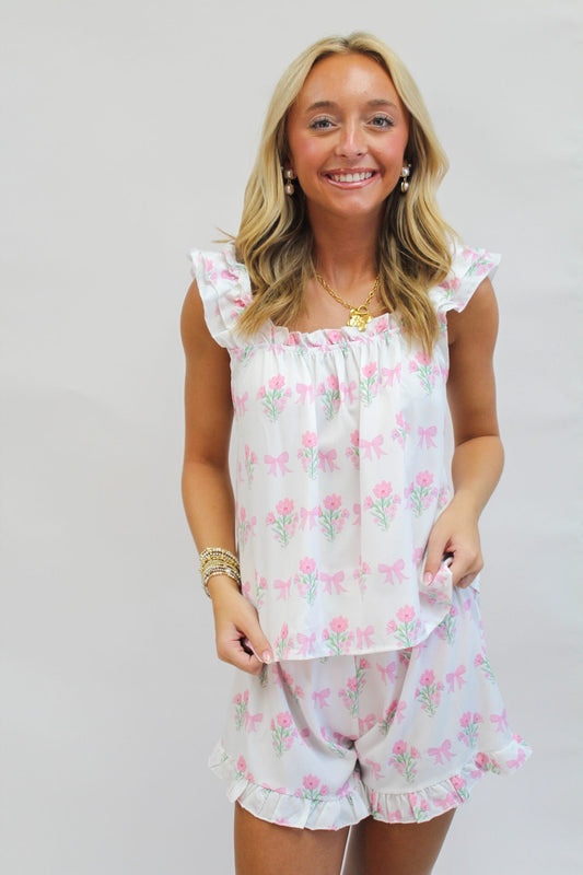 Floral & Ribbon Bow Print Ruffled Pajamas Shorts Set