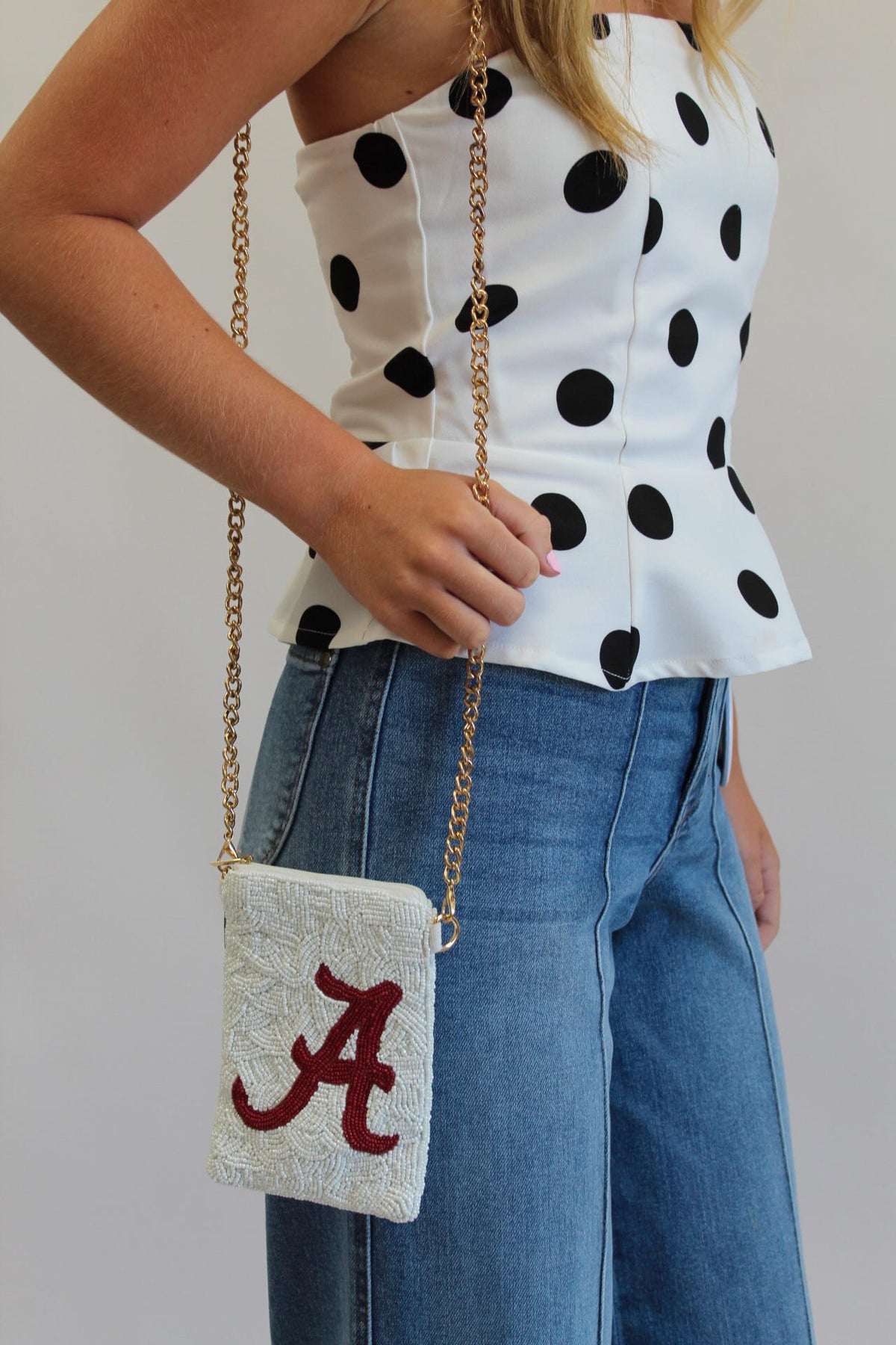 Randal Polka Dot Peplum Strapless Top