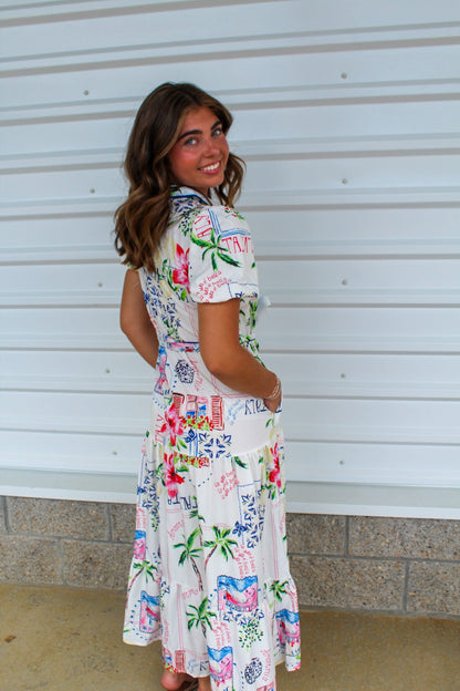 Tropical Palms Belted Maxi Dress